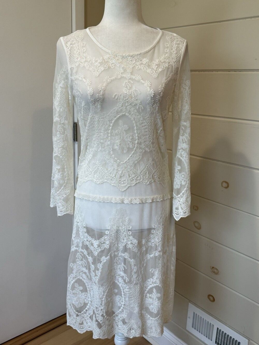 ZARA Sold out Ivory Embroidered Lace Sheer Midi Dress Small 2157/038 Fairy Boho